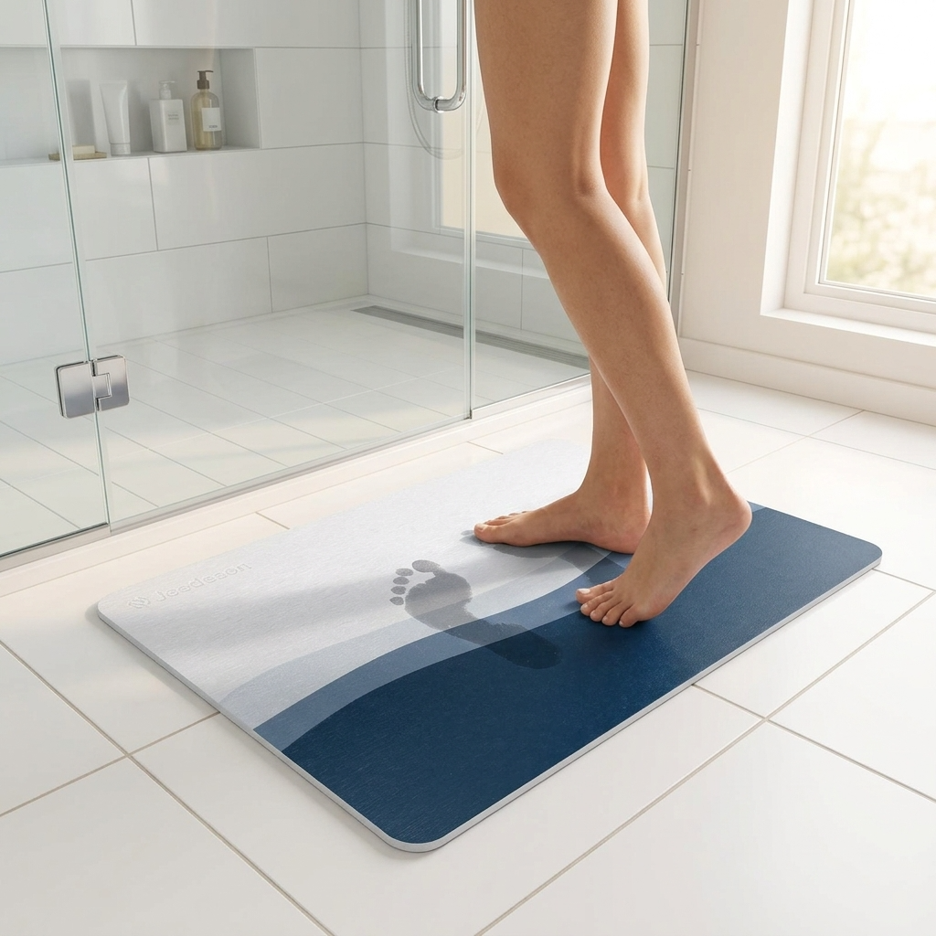 Person stepping onto EverSteady stone bath mat outside shower on bathroom tile