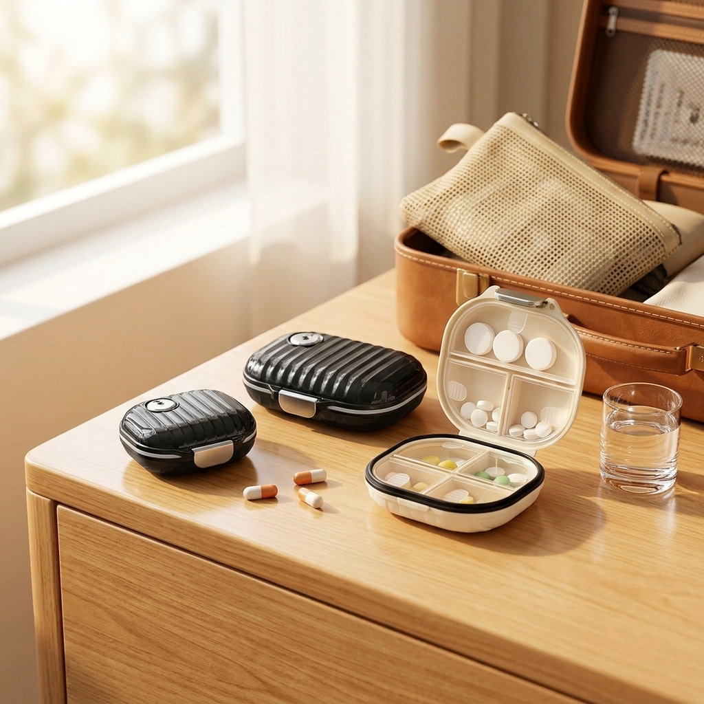 EverSteady daily pill organizer in black and white on bedside table