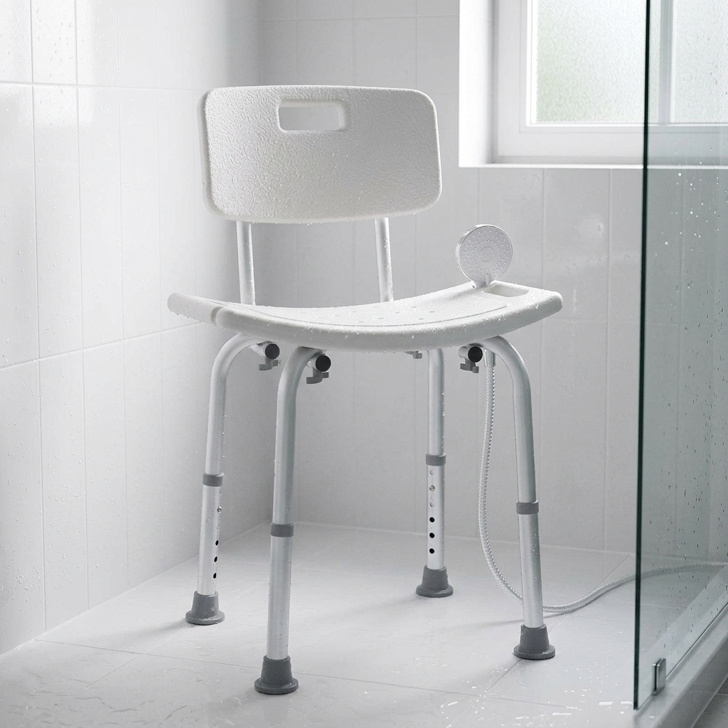 White EverSteady shower chair with backrest inside walk-in shower stall