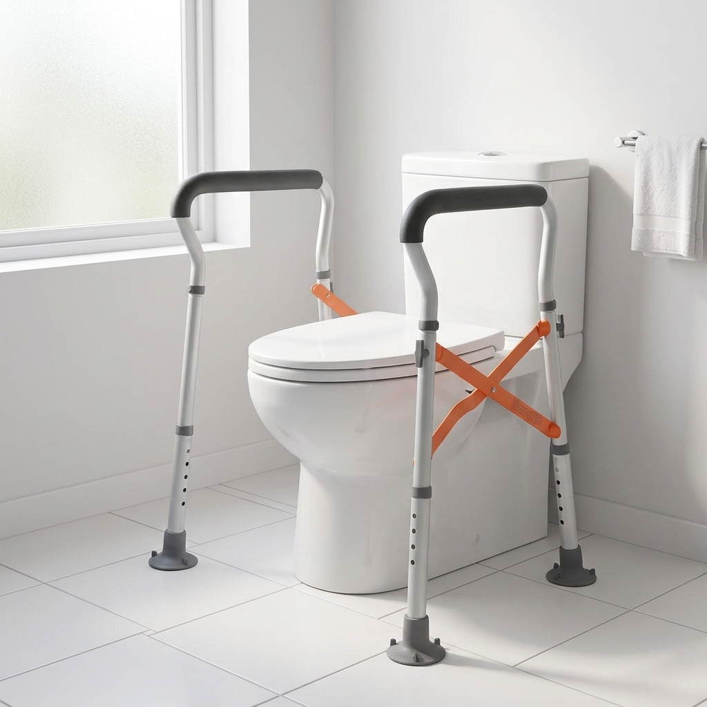 EverSteady toilet safety rail with padded armrests installed around toilet