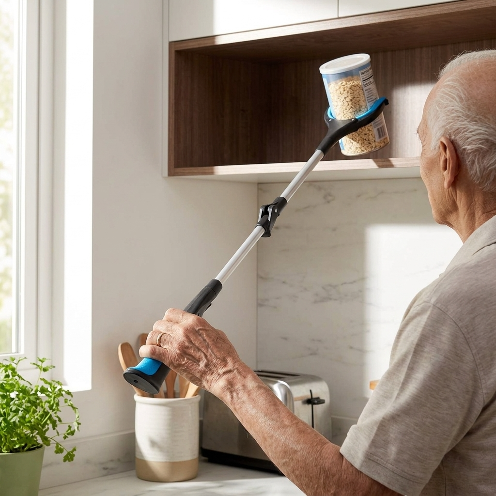 Elderly man using EverSteady reacher grabber to retrieve item from high kitchen shelf