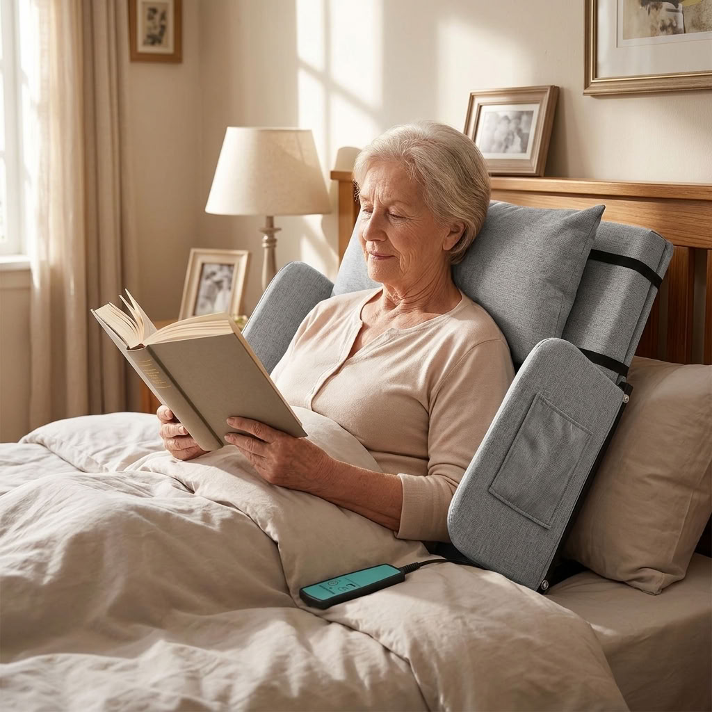Senior woman reading comfortably in bed using EverSteady electric adjustable backrest