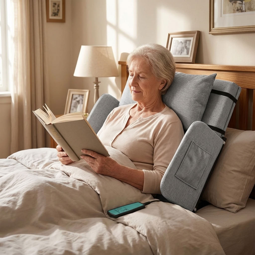 Senior woman reading comfortably in bed using EverSteady electric adjustable backrest