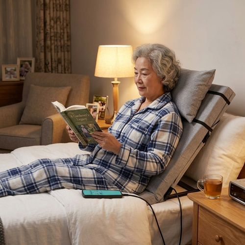 Woman sitting up in bed with EverSteady electric backrest pro guardrail and armrest