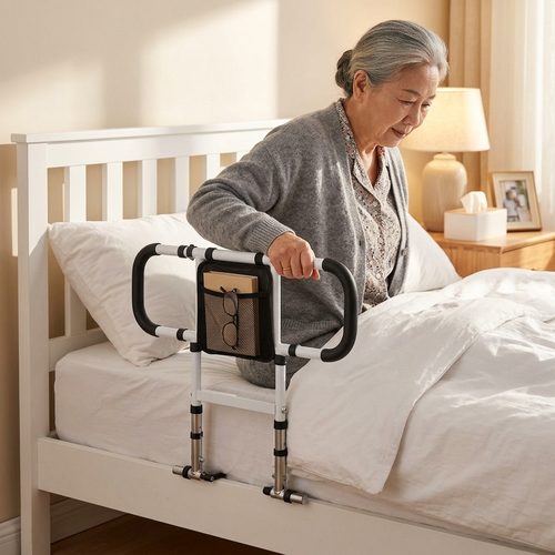 Elderly woman using EverSteady bed rail handle to safely sit up in bed