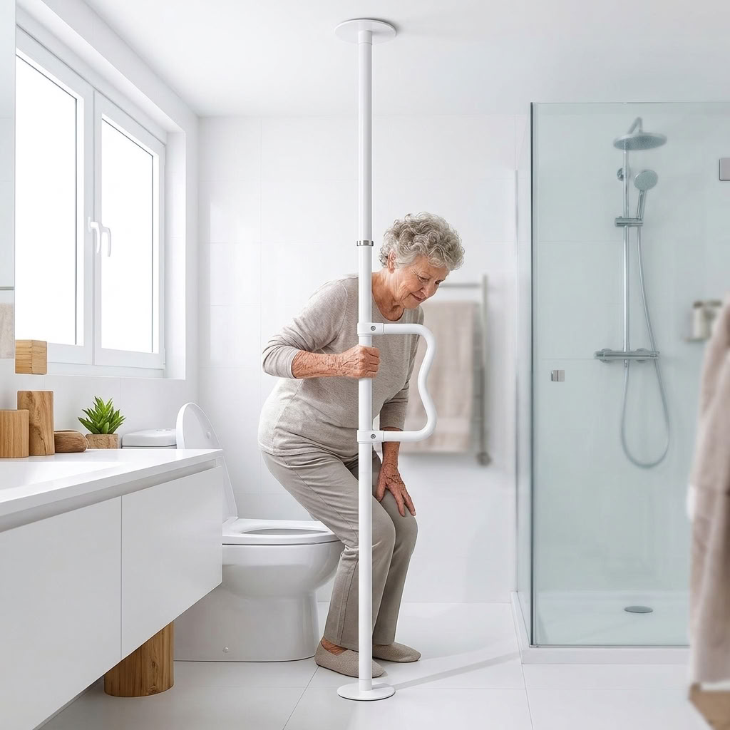 Elderly woman gripping EverSteady floor-to-ceiling transfer pole in bathroom