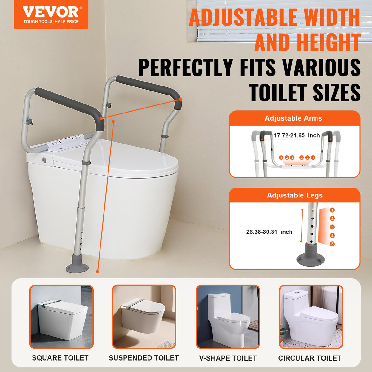 EverSteady Toilet Safety Rail, full product view with padded armrests