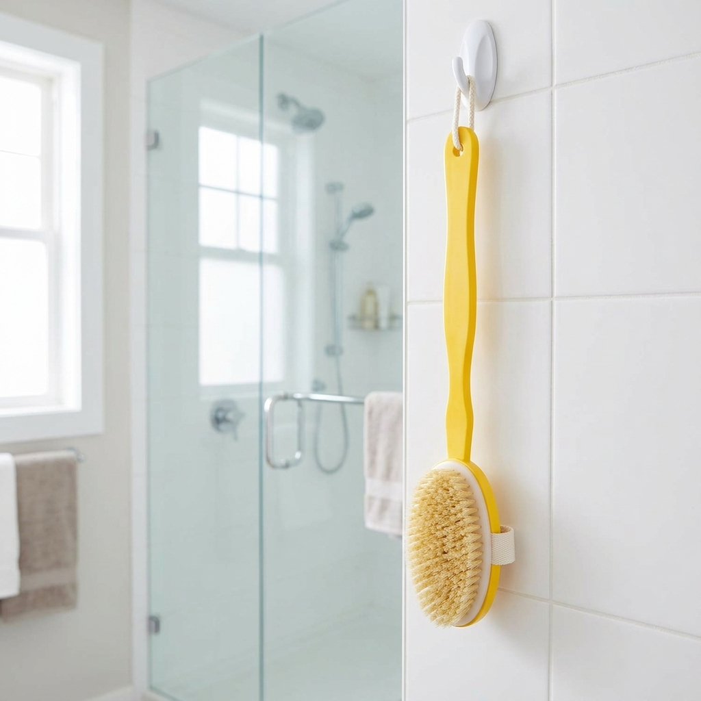 EverSteady long handle back scrubber hanging on bathroom hook beside shower